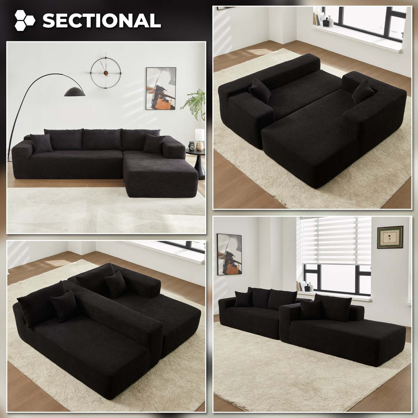 104" L-Shape Modular Couch with Chaise,Corduroy Fabric,No Assembly Required