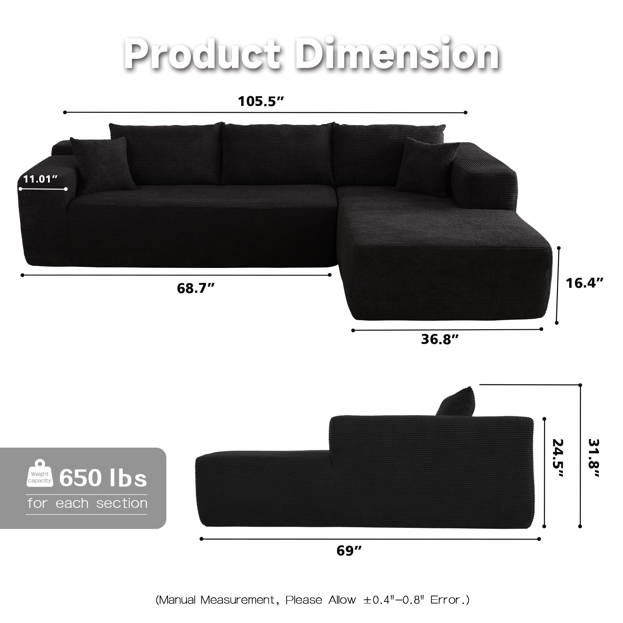 104" L-Shape Modular Couch with Chaise,Corduroy Fabric,No Assembly Required