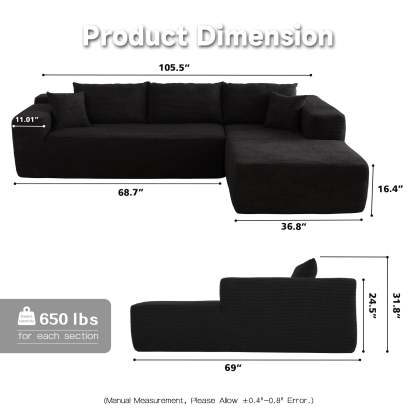 104" L-Shape Modular Couch with Chaise,Corduroy Fabric,No Assembly Required