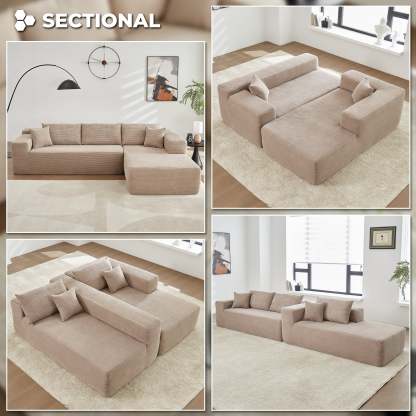 104" L-Shape Modular Couch with Chaise,Corduroy Fabric,No Assembly Required