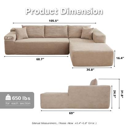 104" L-Shape Modular Couch with Chaise,Corduroy Fabric,No Assembly Required