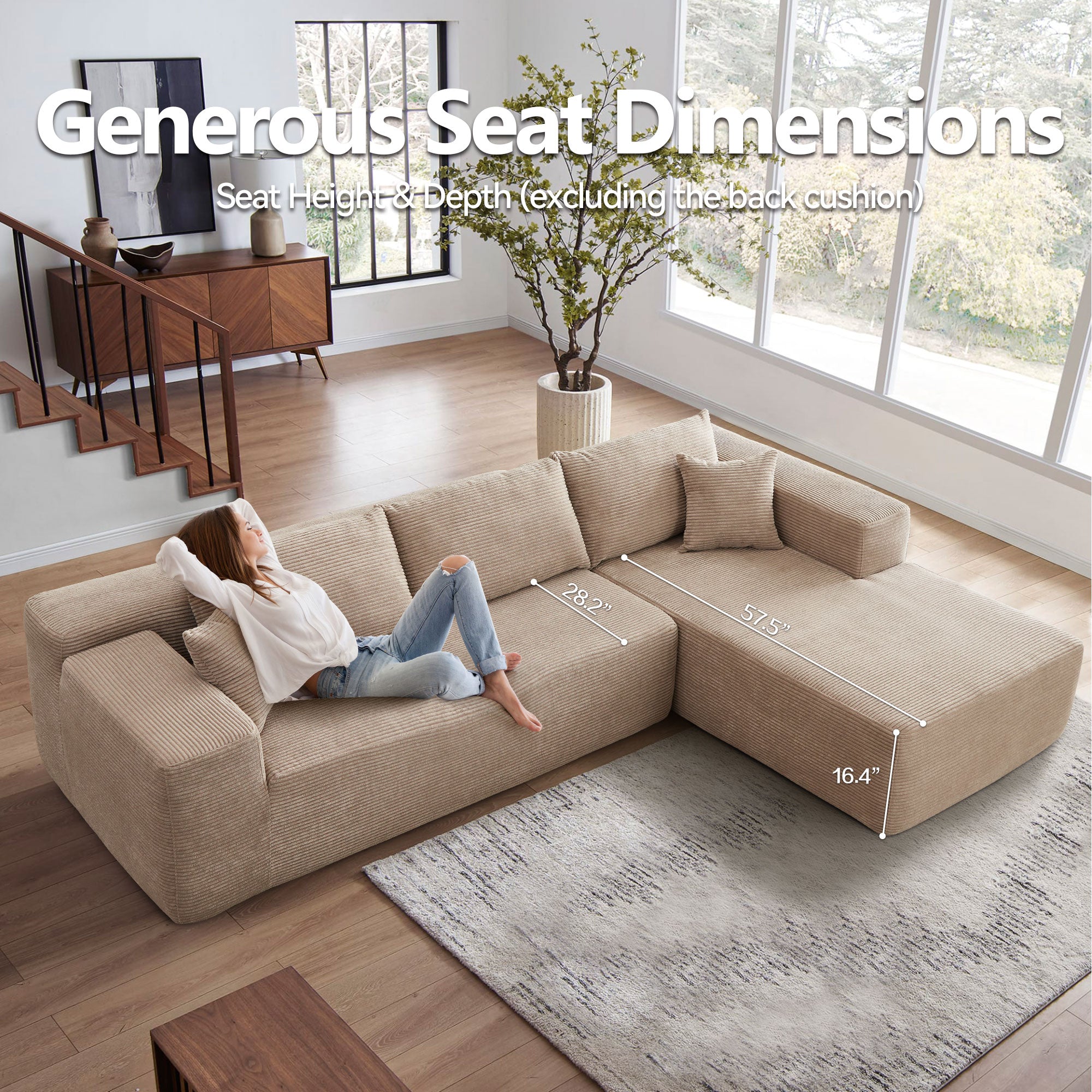 104" L-Shape Modular Couch with Chaise,Corduroy Fabric,No Assembly Required