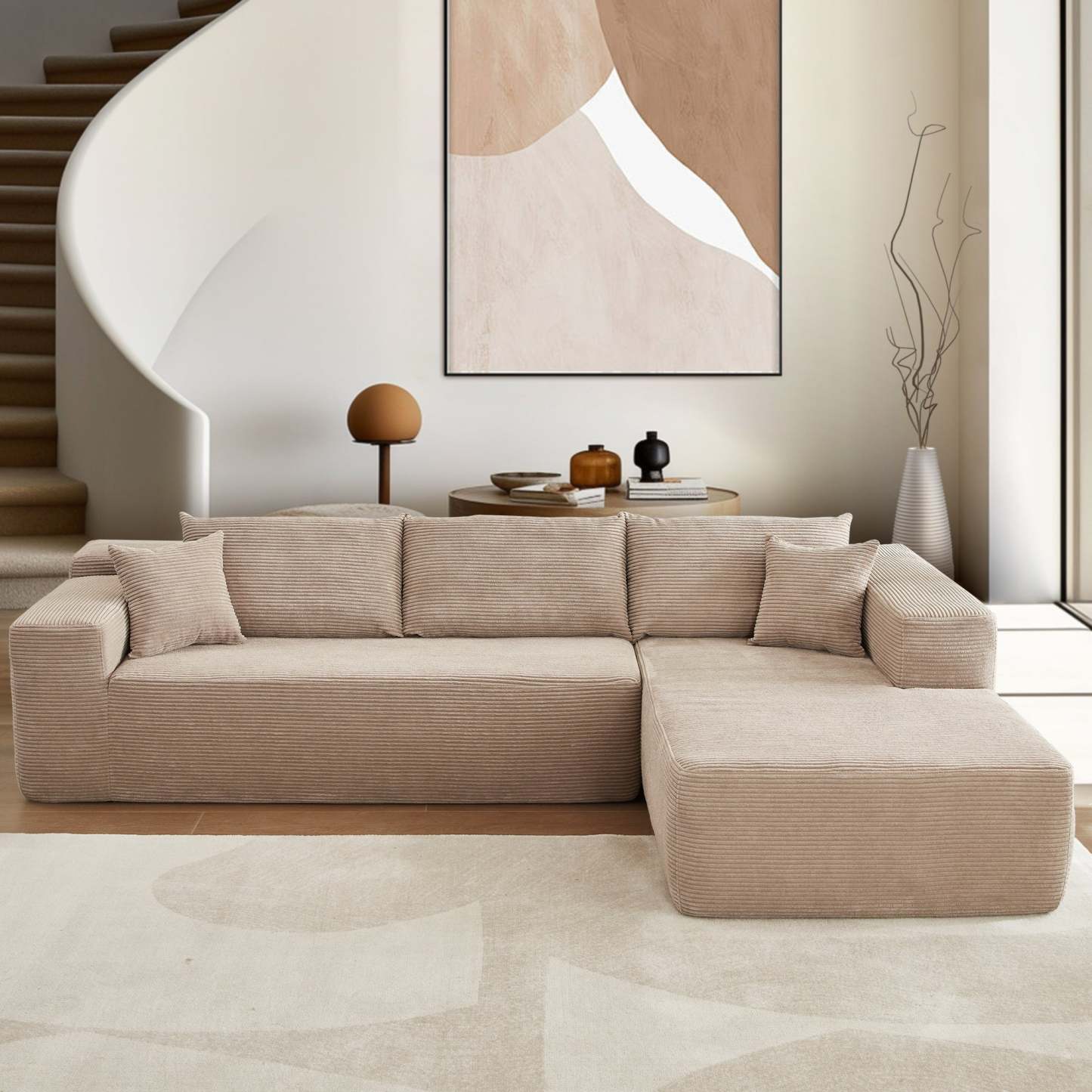104" L-Shape Modular Couch with Chaise,Corduroy Fabric,No Assembly Required