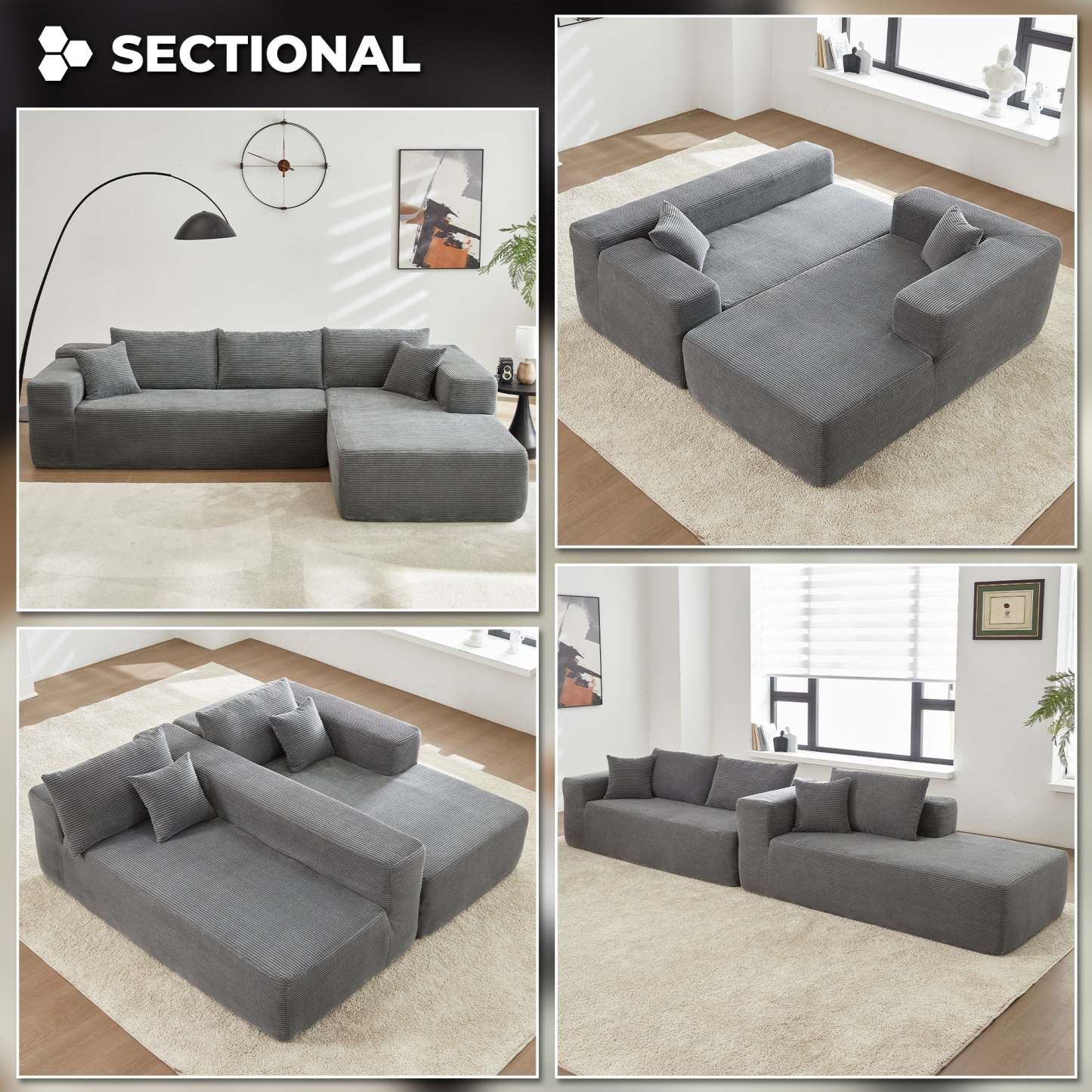 104" L-Shape Modular Couch with Chaise,Corduroy Fabric,No Assembly Required