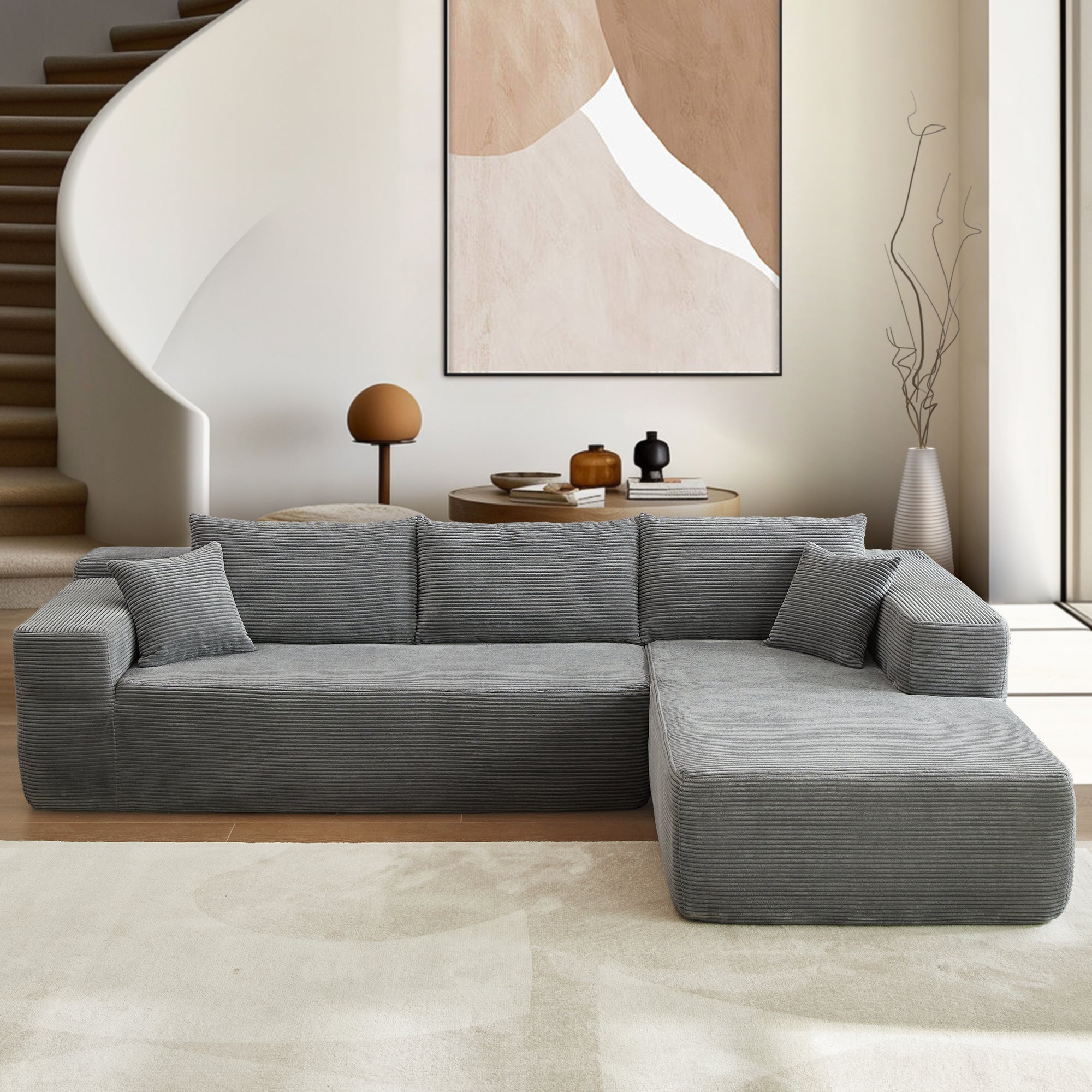 104" L-Shape Modular Couch with Chaise,Corduroy Fabric,No Assembly Required