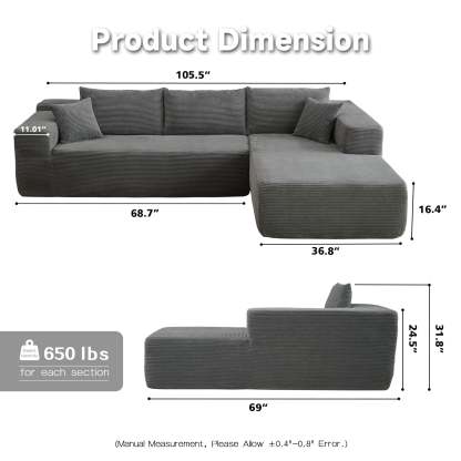 104" L-Shape Modular Couch with Chaise,Corduroy Fabric,No Assembly Required