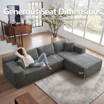 104" L-Shape Modular Couch with Chaise,Corduroy Fabric,No Assembly Required