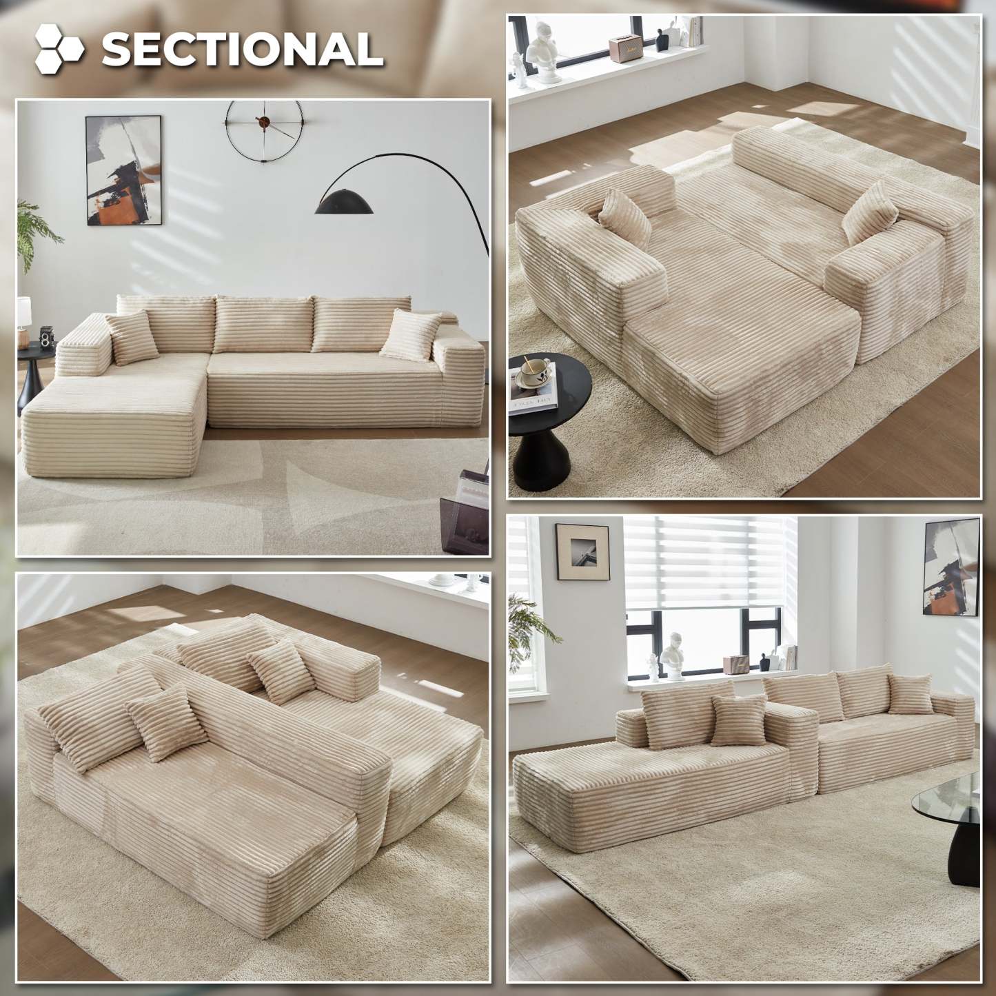 104" L-Shape Modular Couch with Chaise, Plush Corduroy Fabric, No Assembly Required