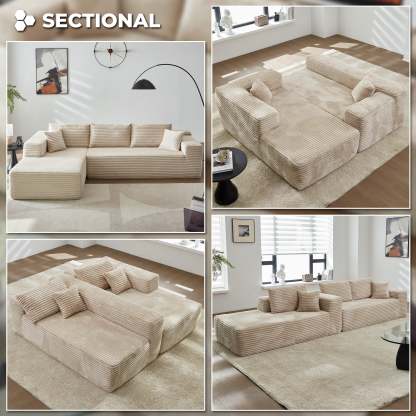 104" L-Shape Modular Couch with Chaise, Plush Corduroy Fabric, No Assembly Required
