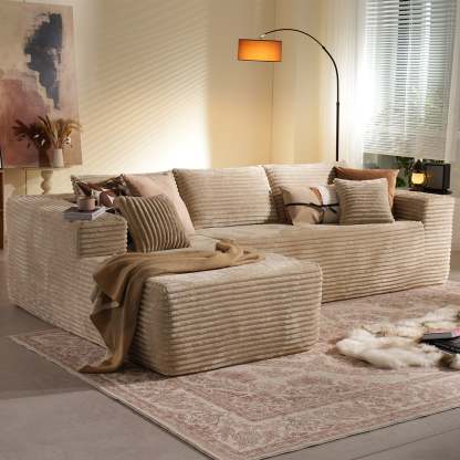 104" L-Shape Modular Couch with Chaise, Plush Corduroy Fabric, No Assembly Required