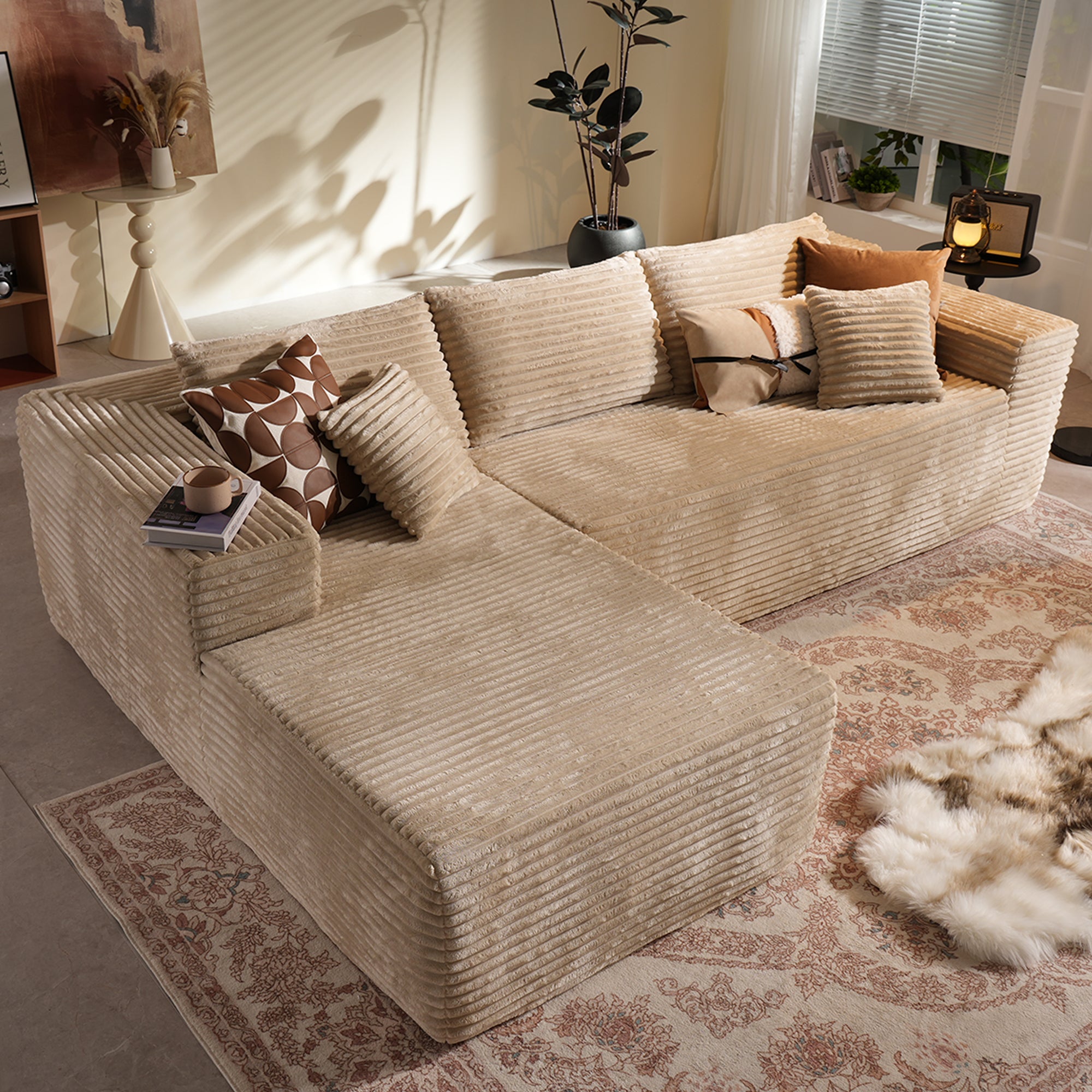 104" L-Shape Modular Couch with Chaise, Plush Corduroy Fabric, No Assembly Required