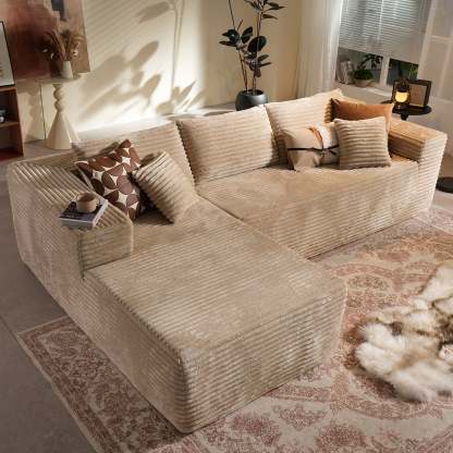 104" L-Shape Modular Couch with Chaise, Plush Corduroy Fabric, No Assembly Required