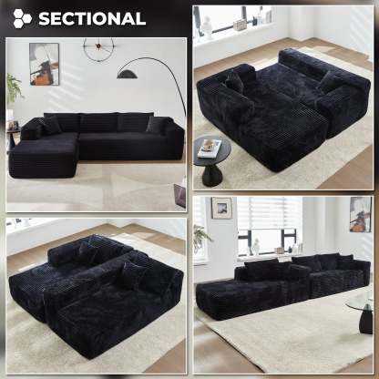 104" L-Shape Modular Couch with Chaise, Plush Corduroy Fabric, No Assembly Required