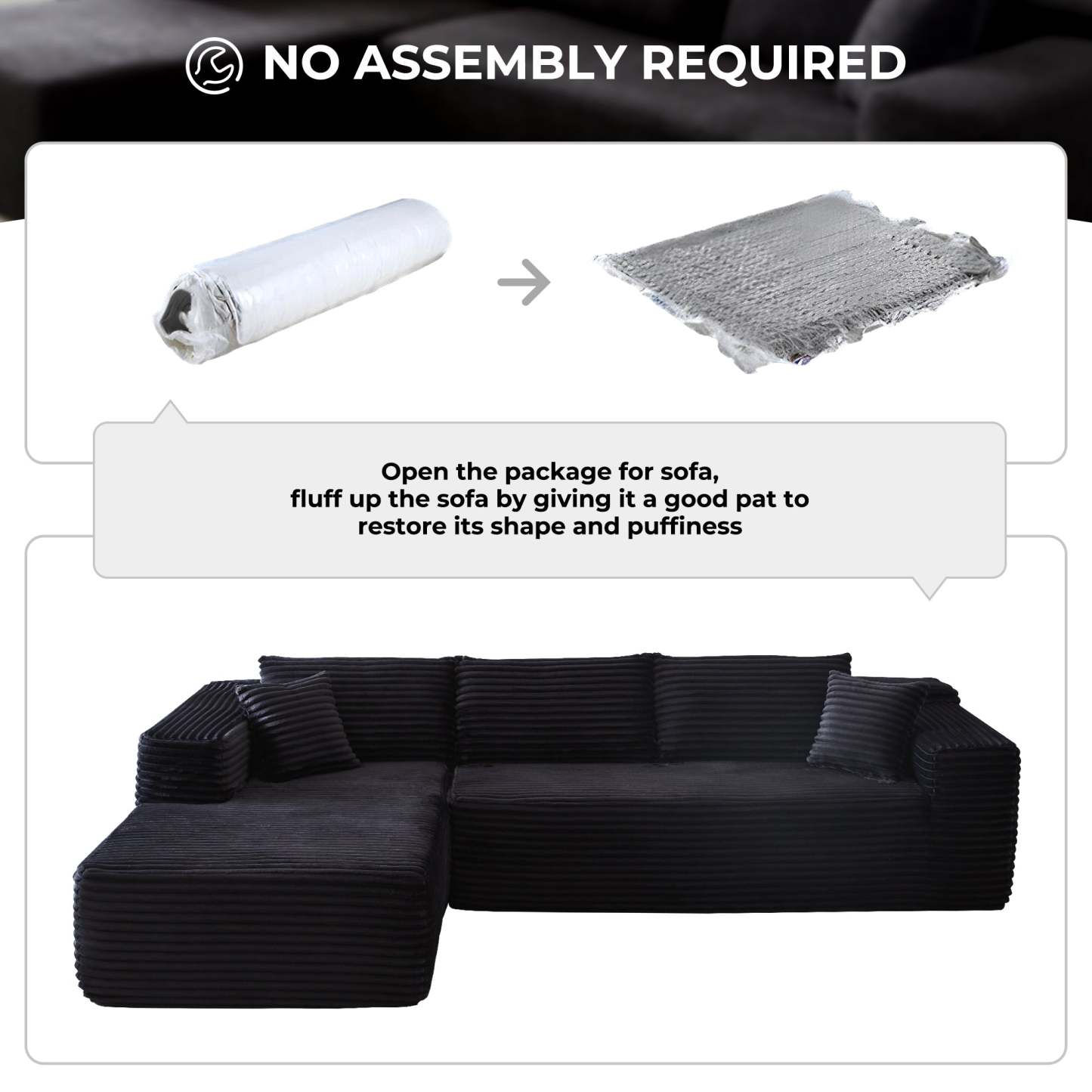 104" L-Shape Modular Couch with Chaise, Plush Corduroy Fabric, No Assembly Required