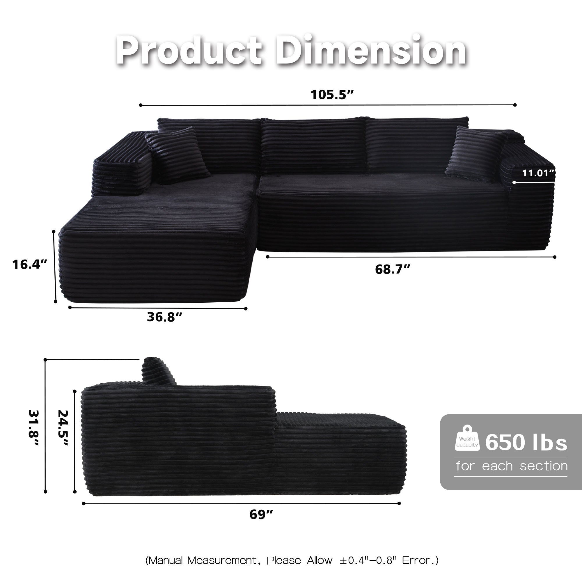104" L-Shape Modular Couch with Chaise, Plush Corduroy Fabric, No Assembly Required