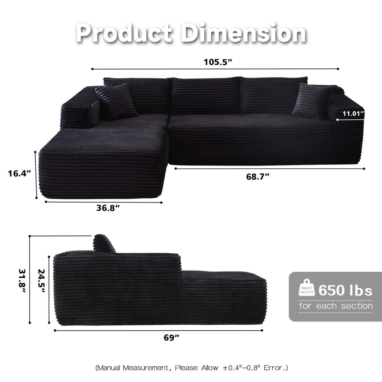 104" L-Shape Modular Couch with Chaise, Plush Corduroy Fabric, No Assembly Required