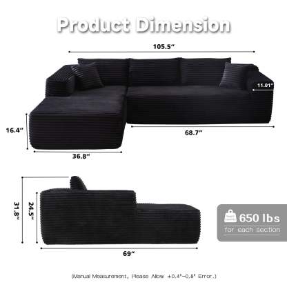 104" L-Shape Modular Couch with Chaise, Plush Corduroy Fabric, No Assembly Required