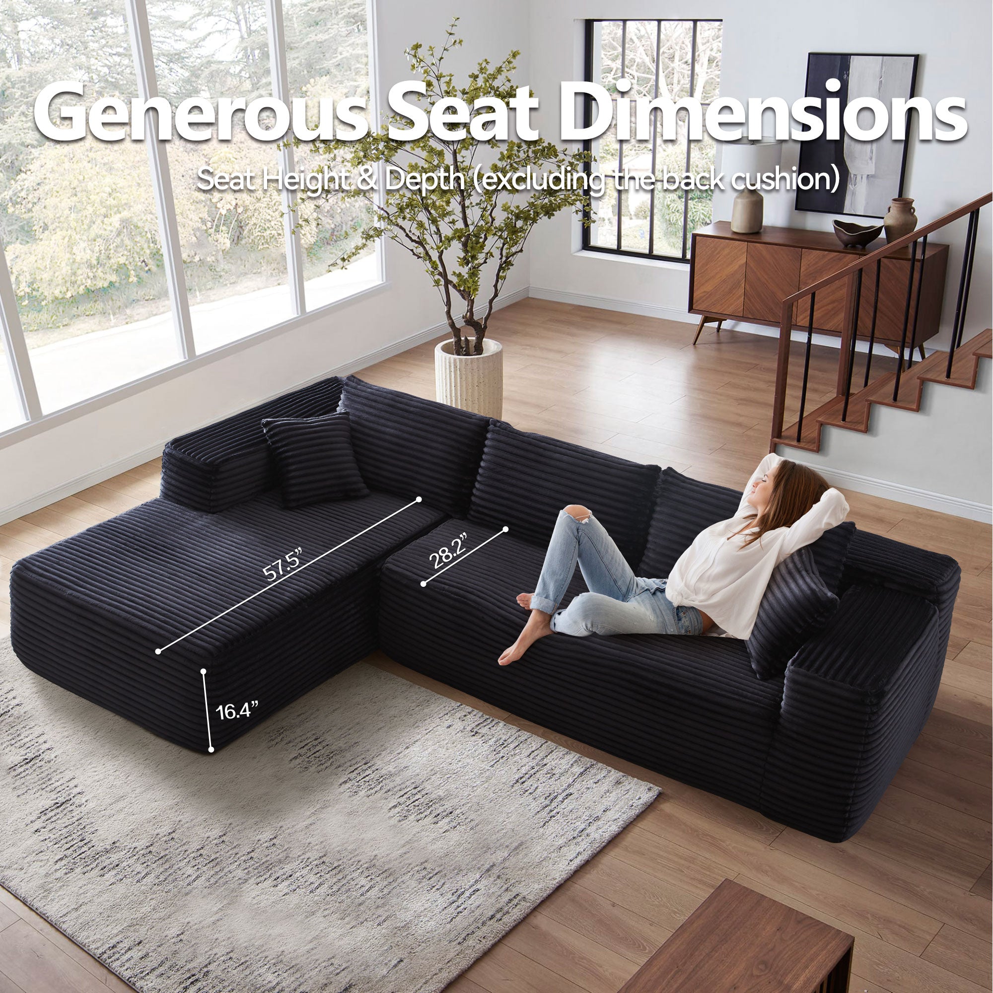 104" L-Shape Modular Couch with Chaise, Plush Corduroy Fabric, No Assembly Required