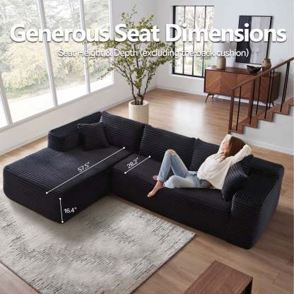 104" L-Shape Modular Couch with Chaise, Plush Corduroy Fabric, No Assembly Required