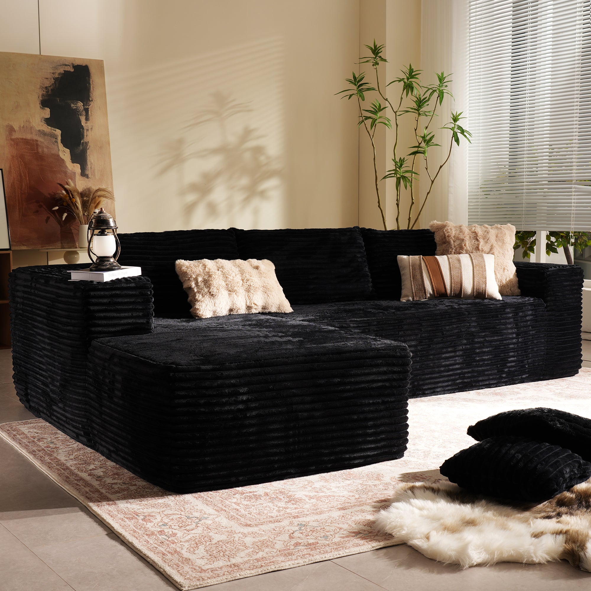 104" L-Shape Modular Couch with Chaise, Plush Corduroy Fabric, No Assembly Required