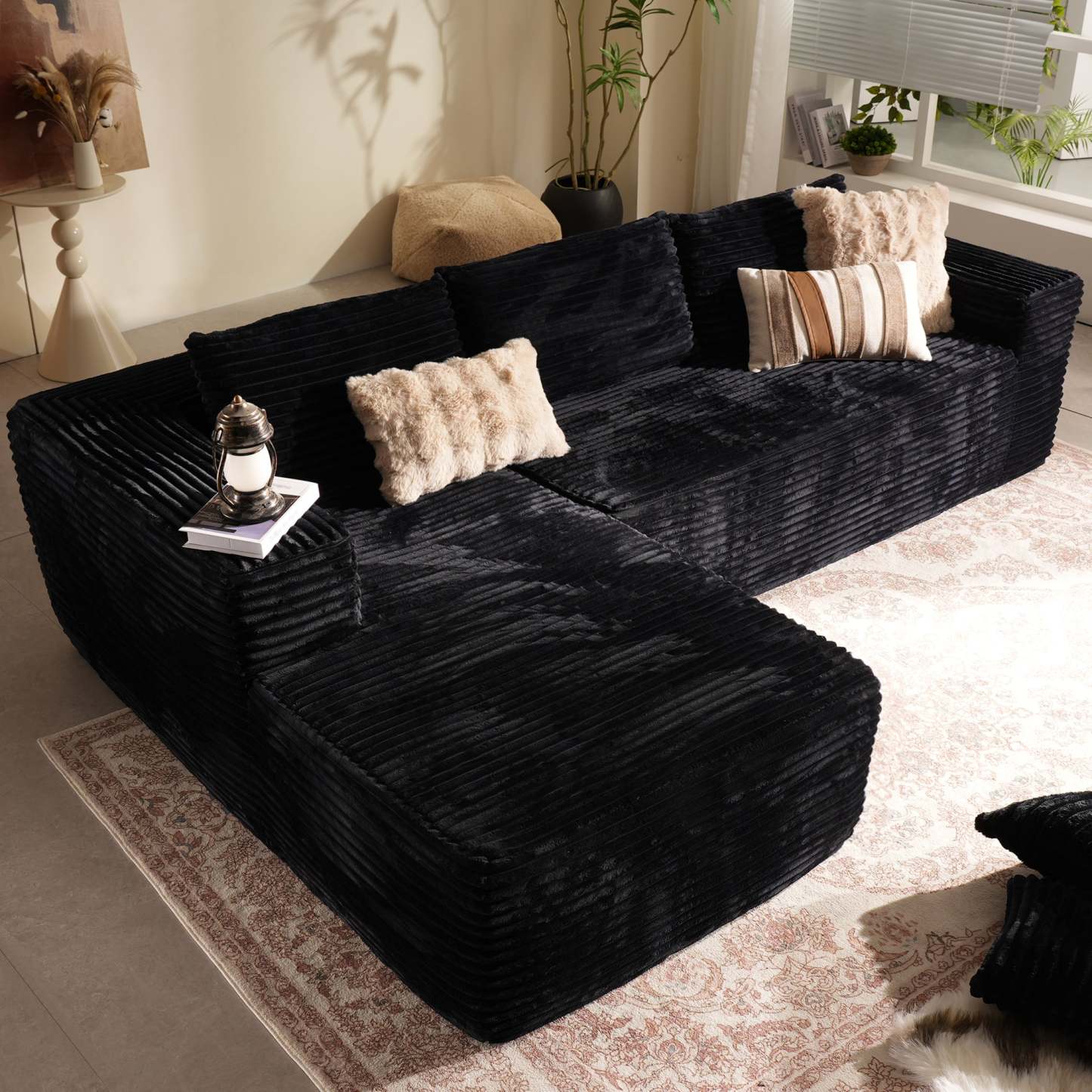 104" L-Shape Modular Couch with Chaise, Plush Corduroy Fabric, No Assembly Required