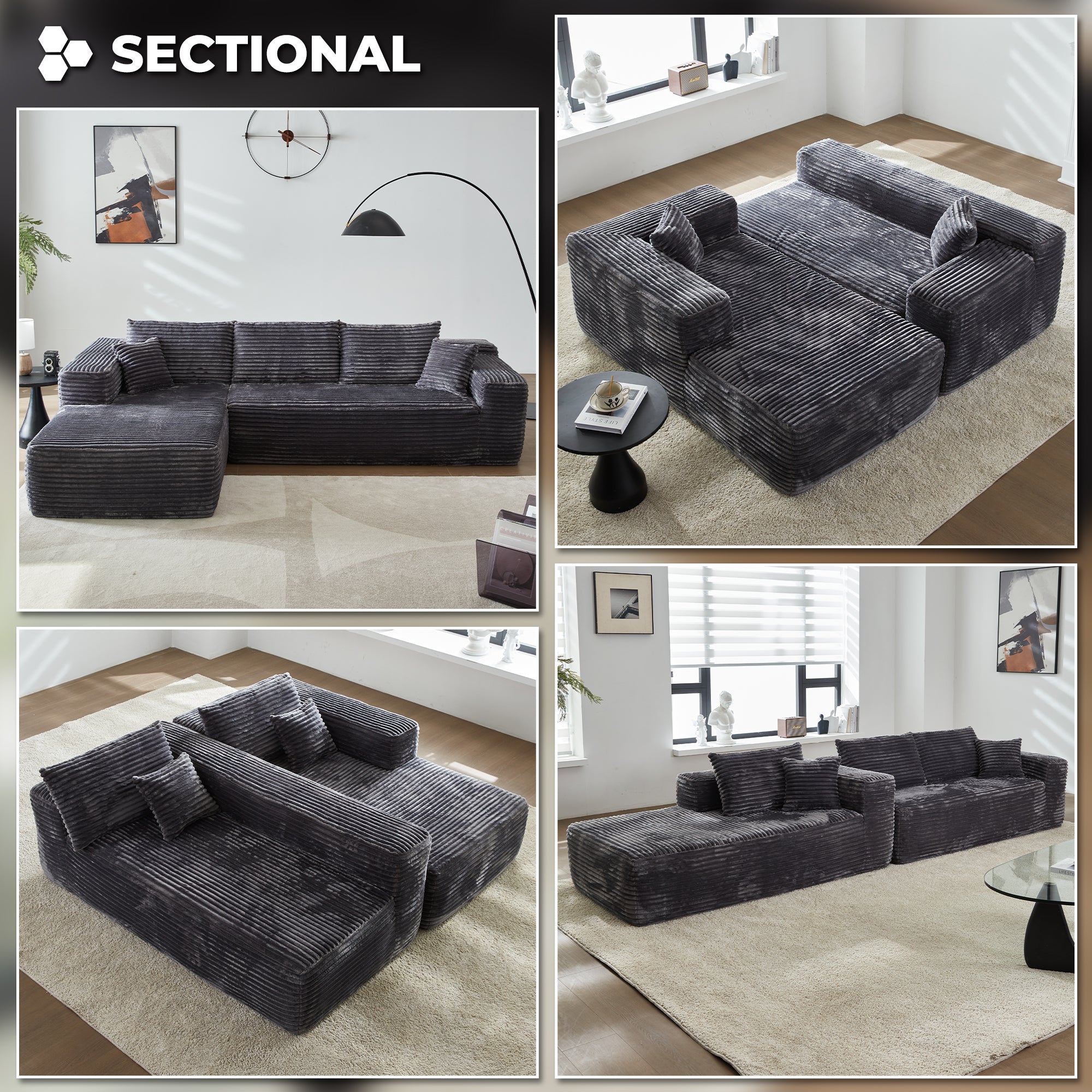 104" L-Shape Modular Couch with Chaise, Plush Corduroy Fabric, No Assembly Required