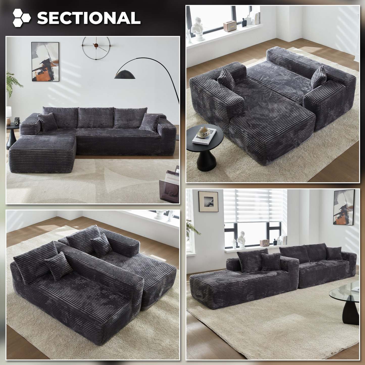 104" L-Shape Modular Couch with Chaise, Plush Corduroy Fabric, No Assembly Required