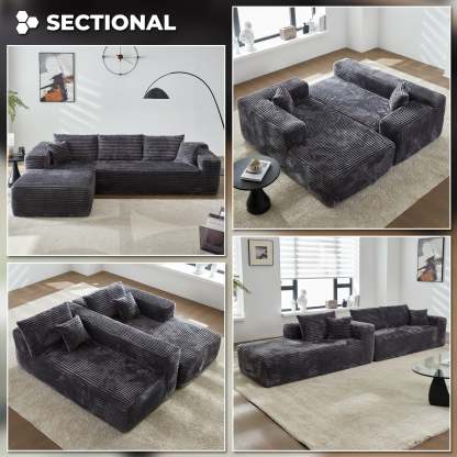 104" L-Shape Modular Couch with Chaise, Plush Corduroy Fabric, No Assembly Required