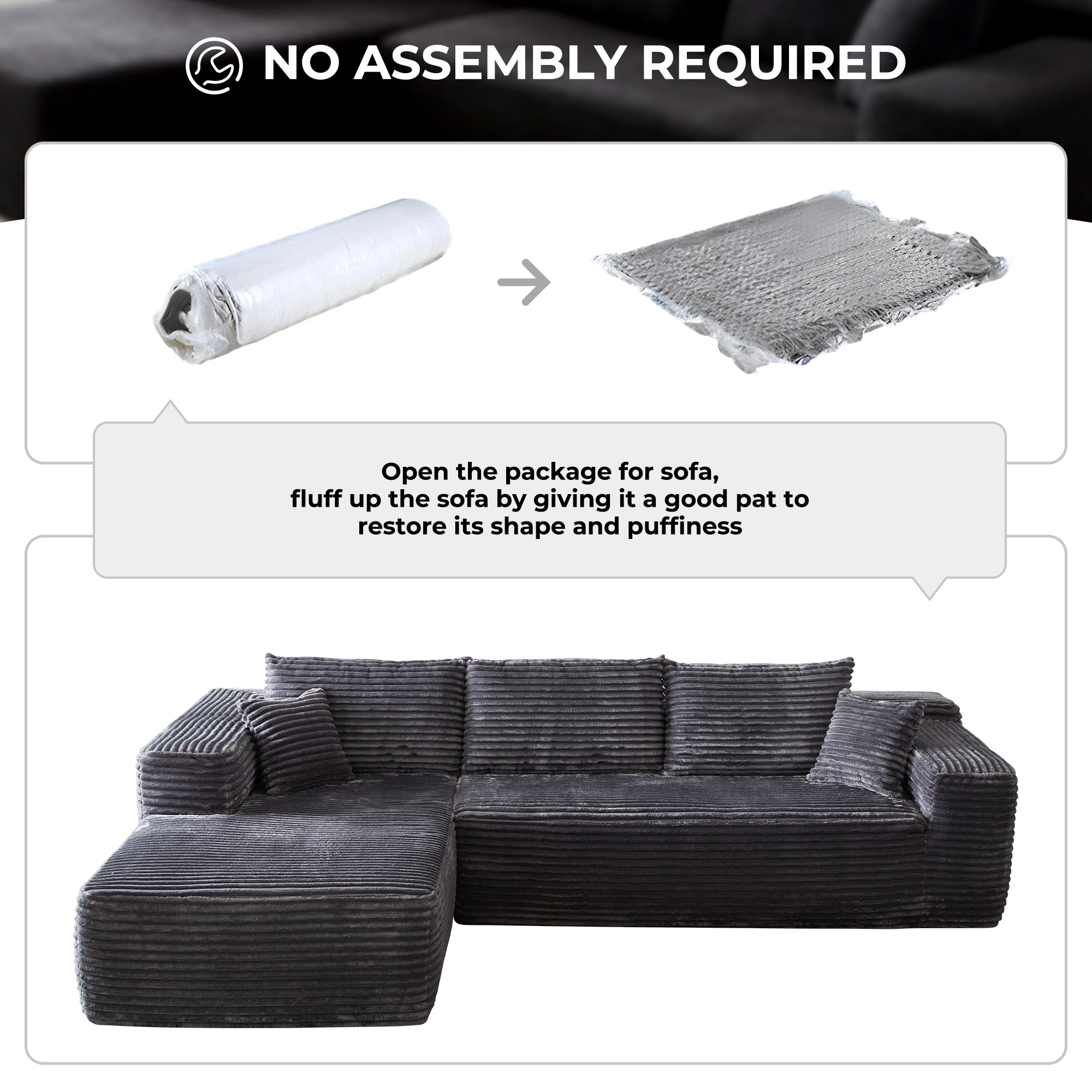 104" L-Shape Modular Couch with Chaise, Plush Corduroy Fabric, No Assembly Required