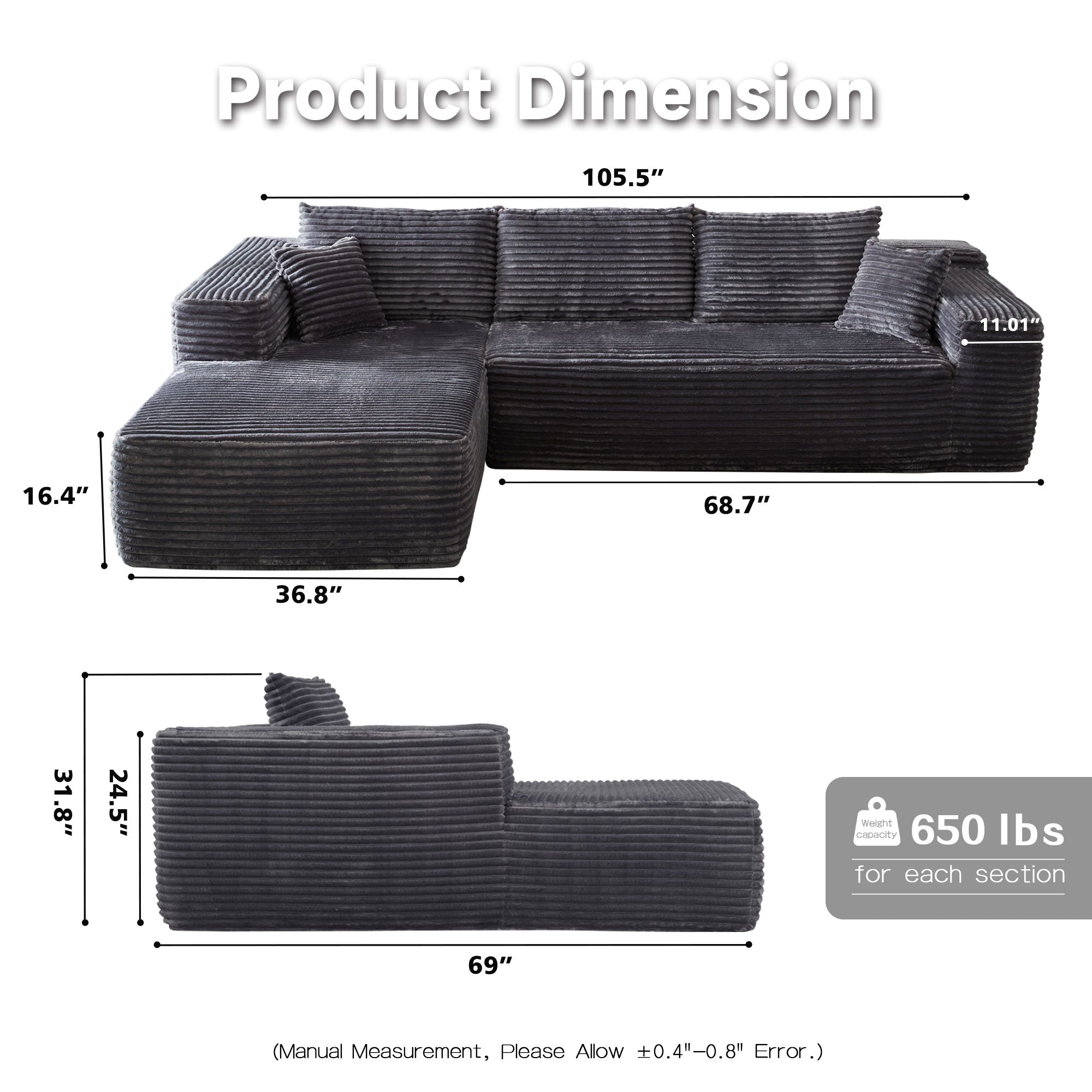 104" L-Shape Modular Couch with Chaise, Plush Corduroy Fabric, No Assembly Required