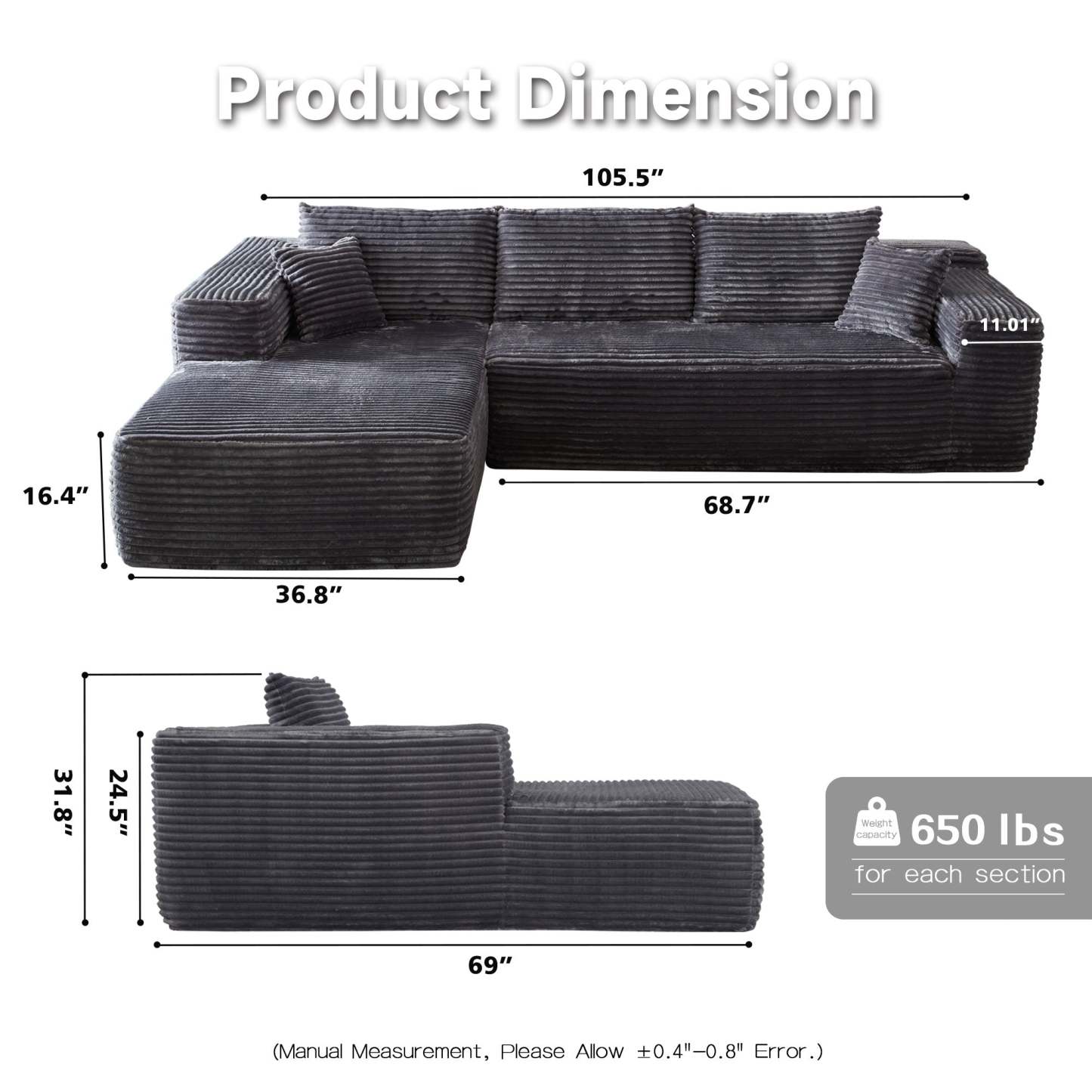 104" L-Shape Modular Couch with Chaise, Plush Corduroy Fabric, No Assembly Required