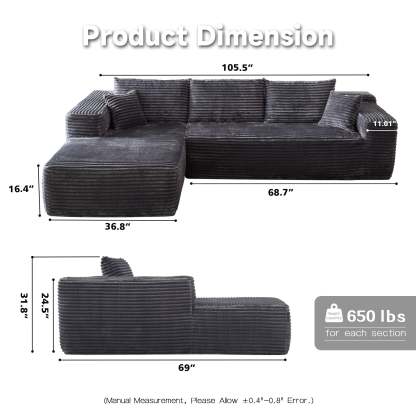 104" L-Shape Modular Couch with Chaise, Plush Corduroy Fabric, No Assembly Required