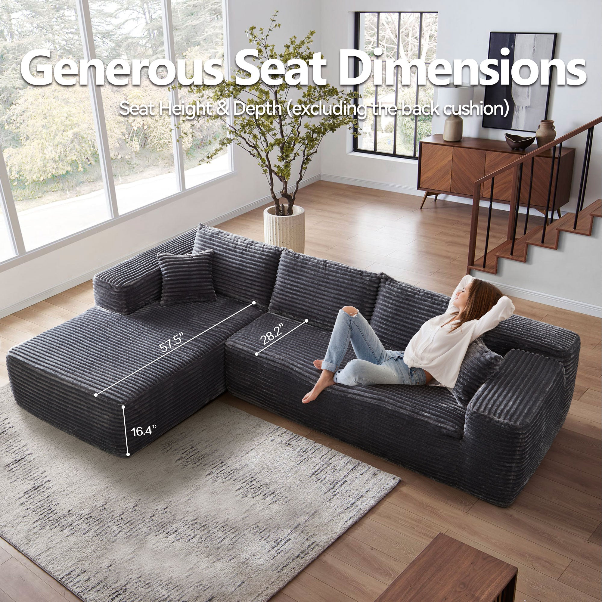 104" L-Shape Modular Couch with Chaise, Plush Corduroy Fabric, No Assembly Required