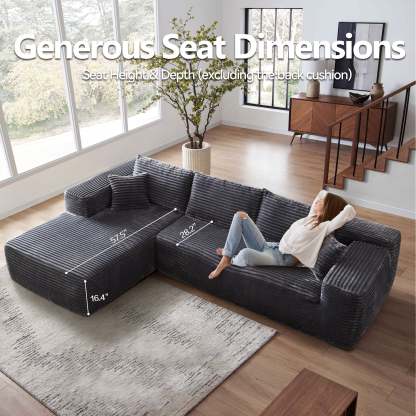 104" L-Shape Modular Couch with Chaise, Plush Corduroy Fabric, No Assembly Required