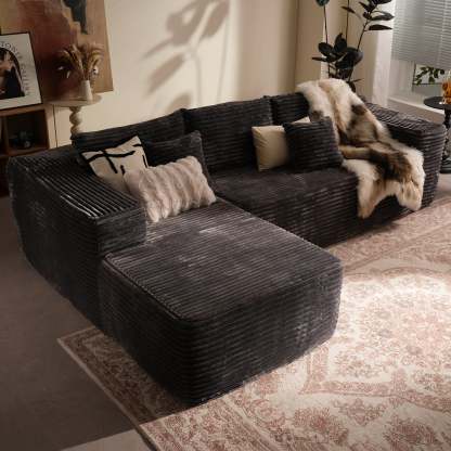 104" L-Shape Modular Couch with Chaise, Plush Corduroy Fabric, No Assembly Required