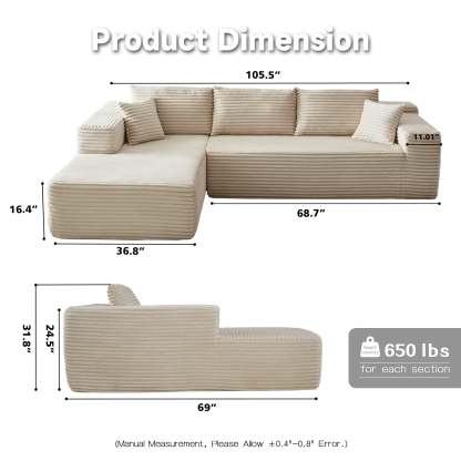 104" L-Shape Modular Couch with Chaise, Plush Corduroy Fabric, No Assembly Required