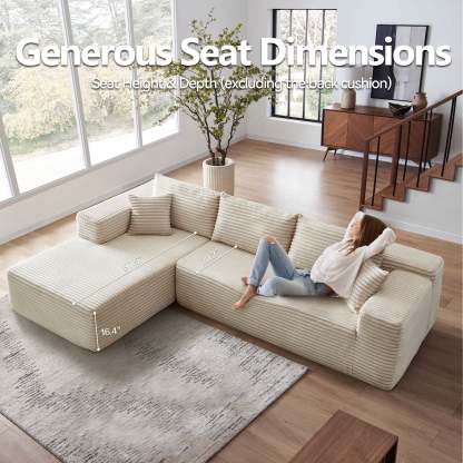 104" L-Shape Modular Couch with Chaise, Plush Corduroy Fabric, No Assembly Required