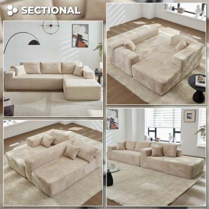 104" L-Shape Modular Couch with Chaise, Plush Corduroy Fabric, No Assembly Required