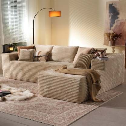 104" L-Shape Modular Couch with Chaise, Plush Corduroy Fabric, No Assembly Required