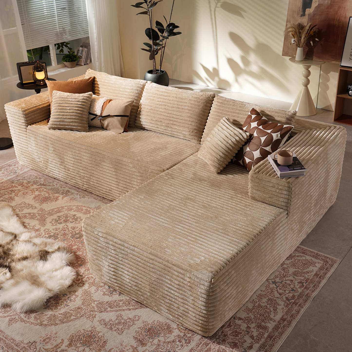 104" L-Shape Modular Couch with Chaise, Plush Corduroy Fabric, No Assembly Required