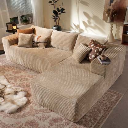 104" L-Shape Modular Couch with Chaise, Plush Corduroy Fabric, No Assembly Required