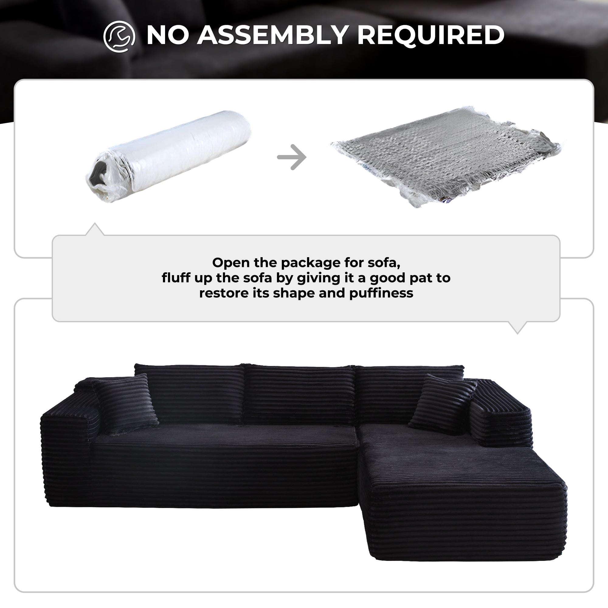 104" L-Shape Modular Couch with Chaise, Plush Corduroy Fabric, No Assembly Required