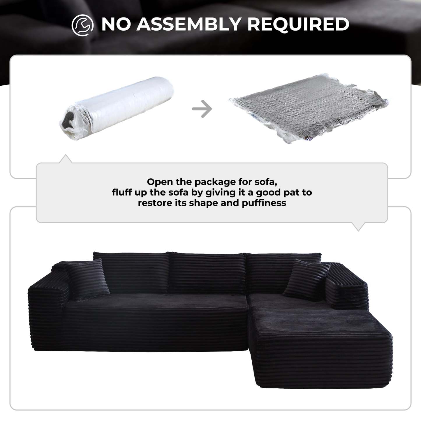 104" L-Shape Modular Couch with Chaise, Plush Corduroy Fabric, No Assembly Required