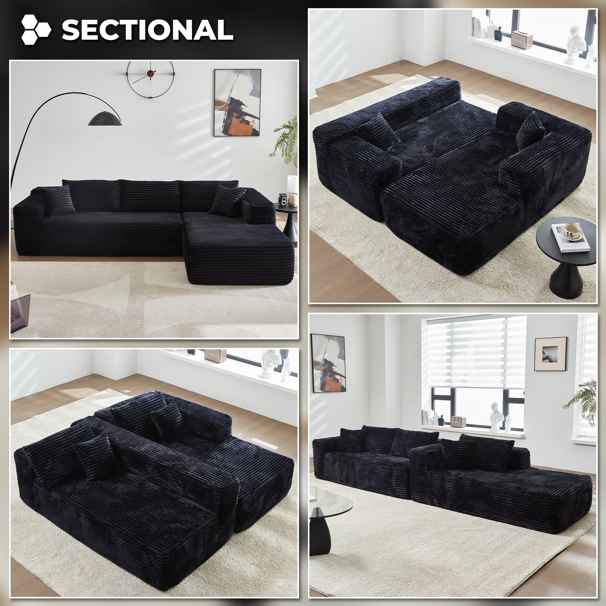 104" L-Shape Modular Couch with Chaise, Plush Corduroy Fabric, No Assembly Required