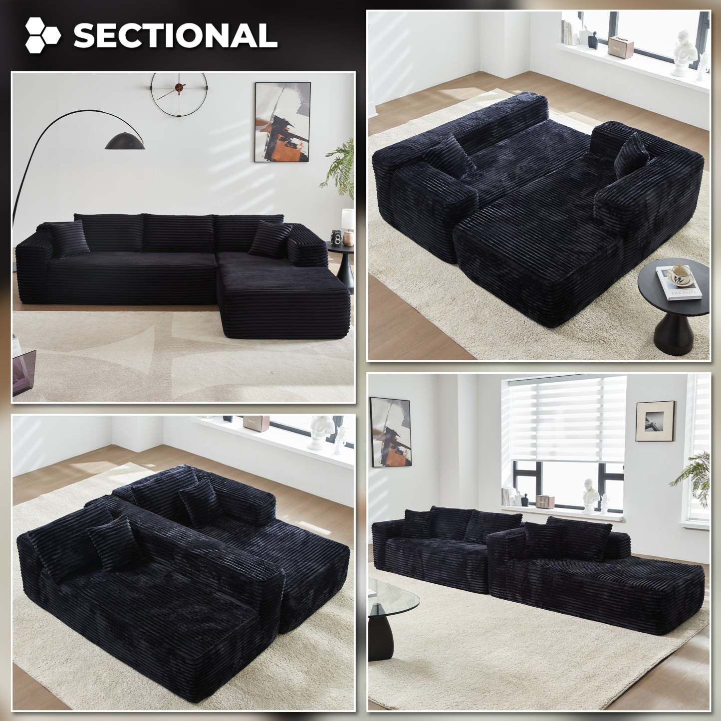 104" L-Shape Modular Couch with Chaise, Plush Corduroy Fabric, No Assembly Required