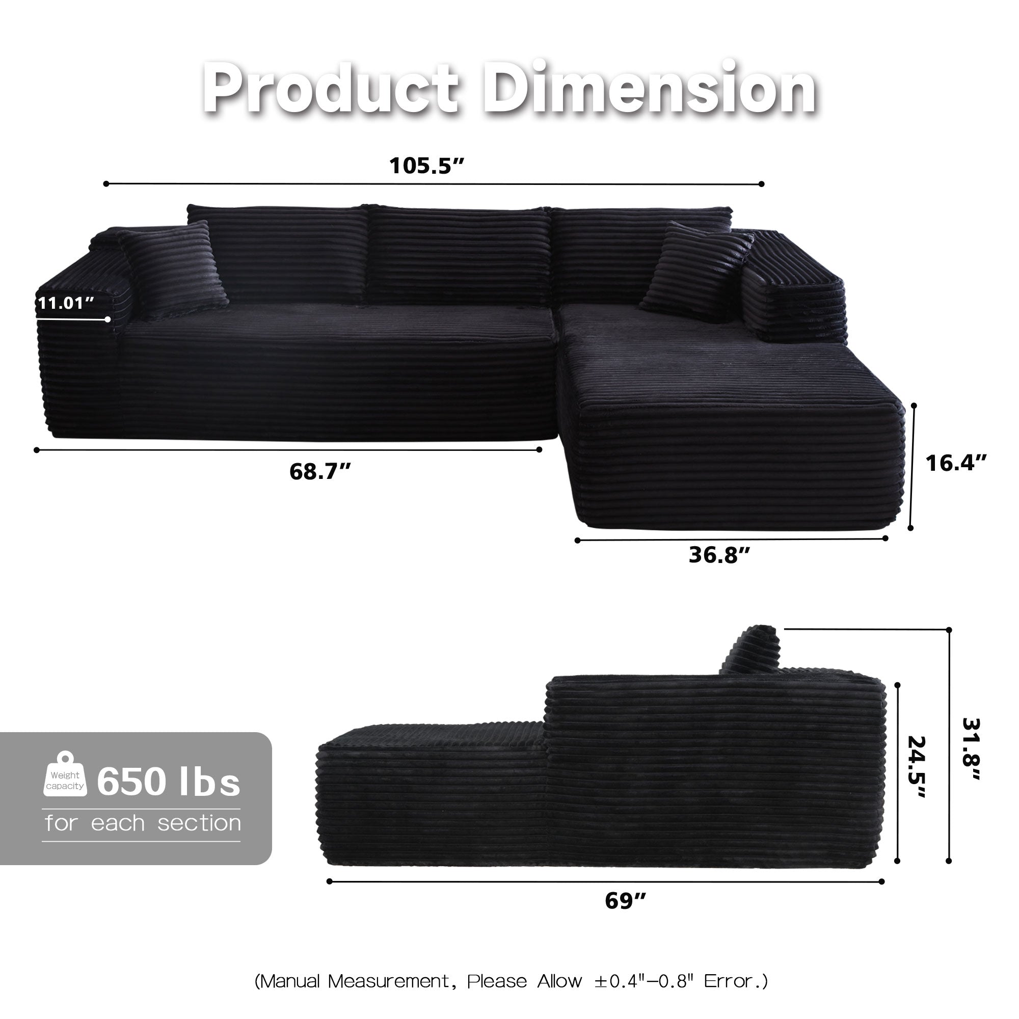 104" L-Shape Modular Couch with Chaise, Plush Corduroy Fabric, No Assembly Required