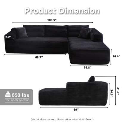 104" L-Shape Modular Couch with Chaise, Plush Corduroy Fabric, No Assembly Required