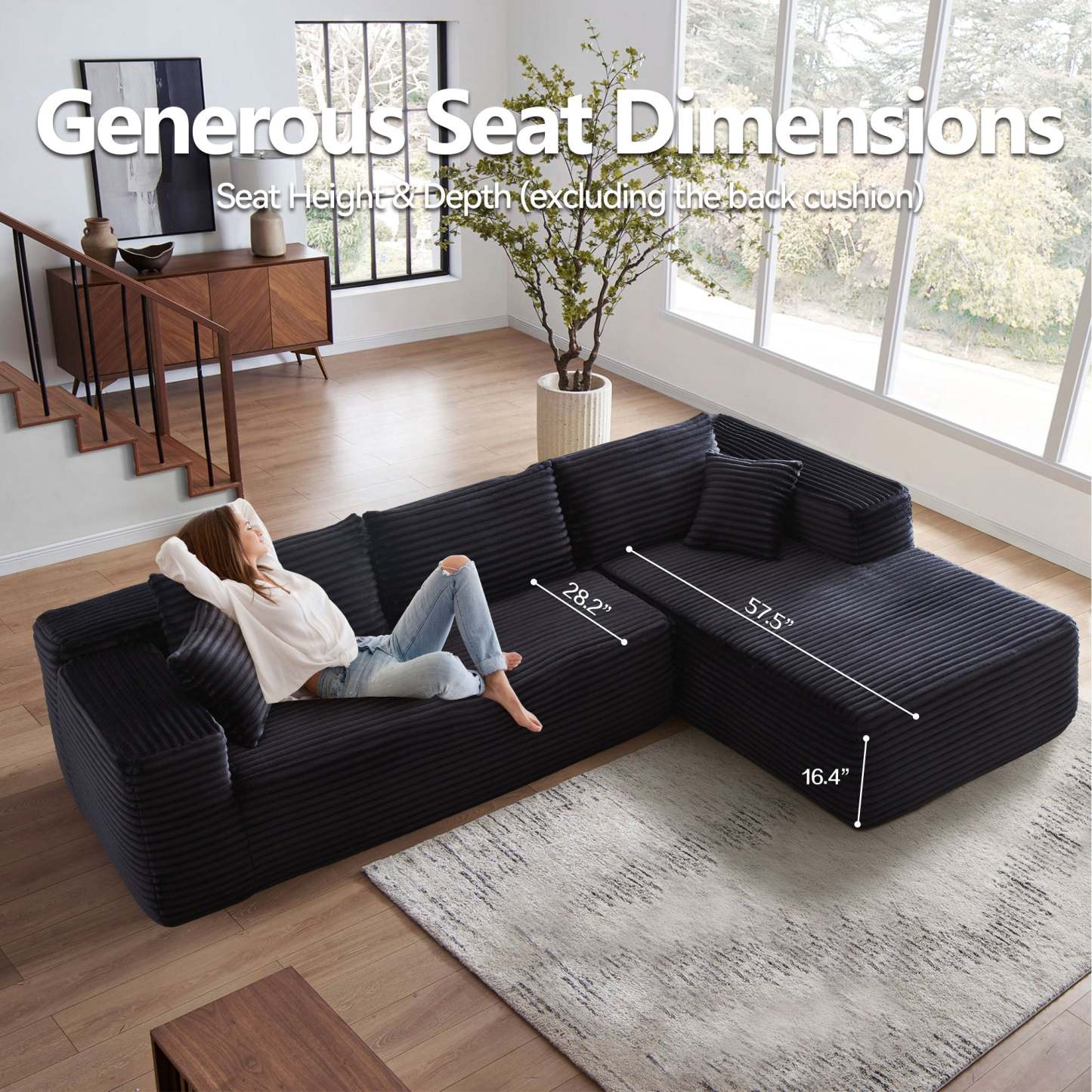104" L-Shape Modular Couch with Chaise, Plush Corduroy Fabric, No Assembly Required