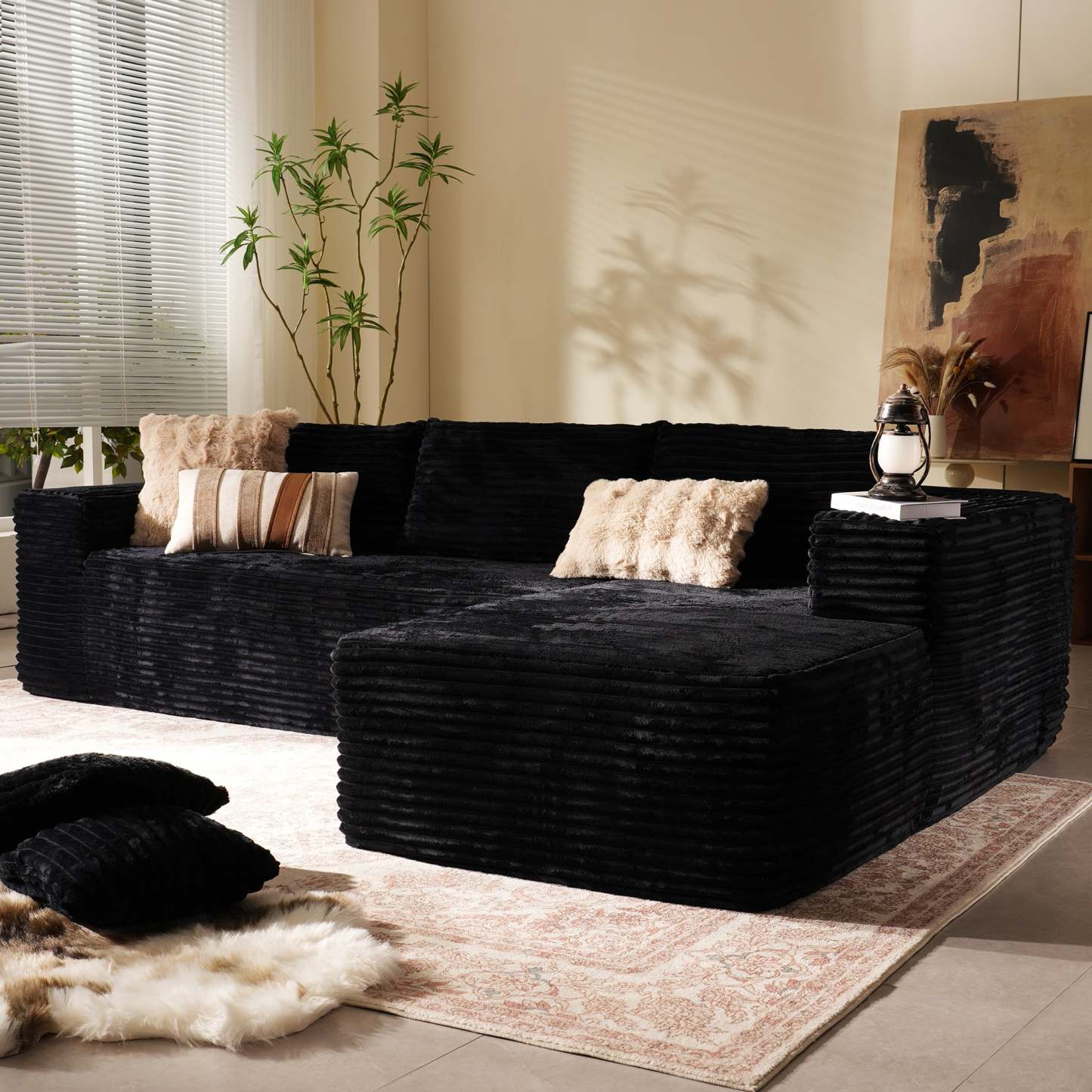 104" L-Shape Modular Couch with Chaise, Plush Corduroy Fabric, No Assembly Required