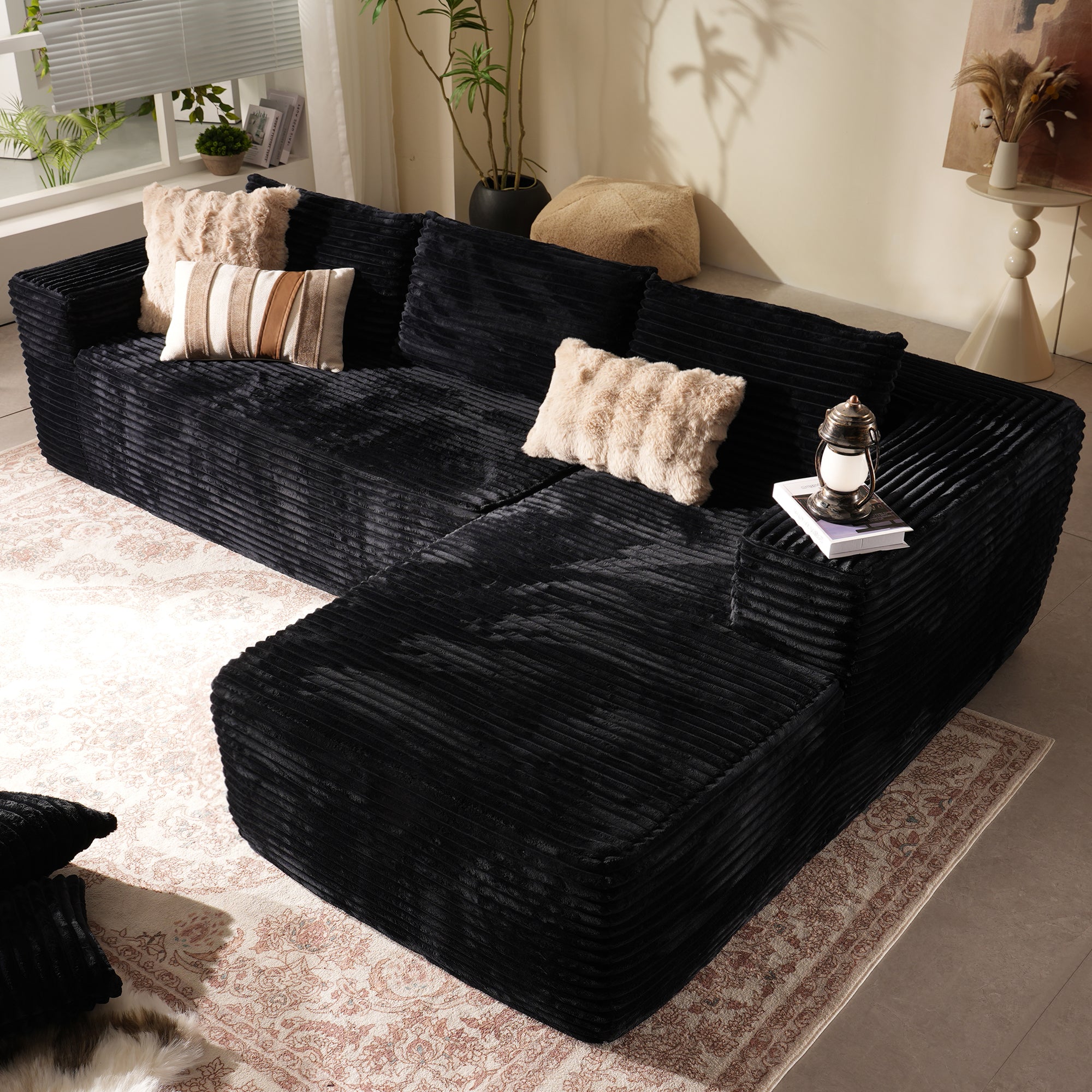 104" L-Shape Modular Couch with Chaise, Plush Corduroy Fabric, No Assembly Required